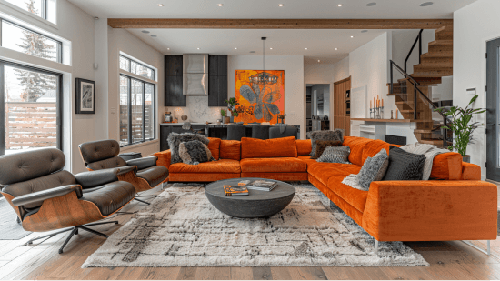 A modern living room blending natural elements like wood and stone with bold colored accents in furniture and decor, featuring sleek lines and natural light.