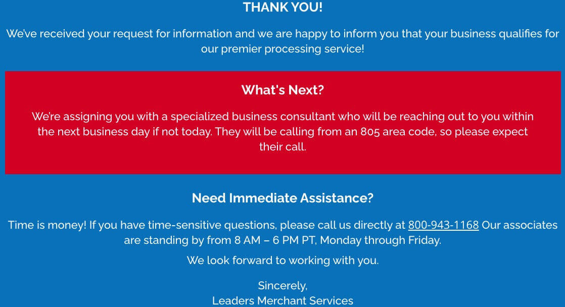 Screenshot of Leaders Merchant Services onboarding, post-contact submission view