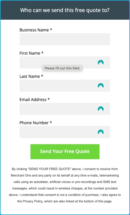 Screenshot from Merchant One Payment Solutions of the form a user needs to fill to get a free quote