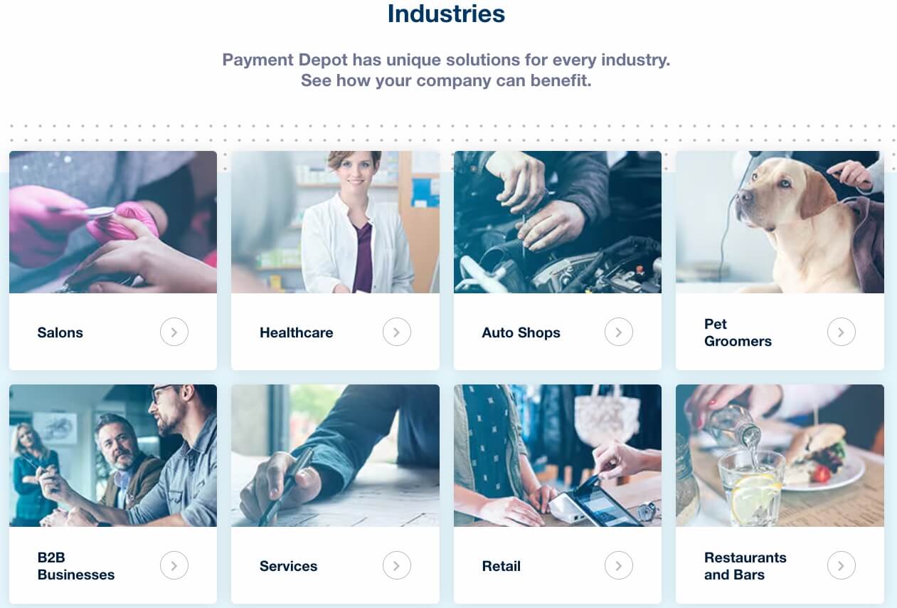 Screenshot of the industries that Payment Depot serves