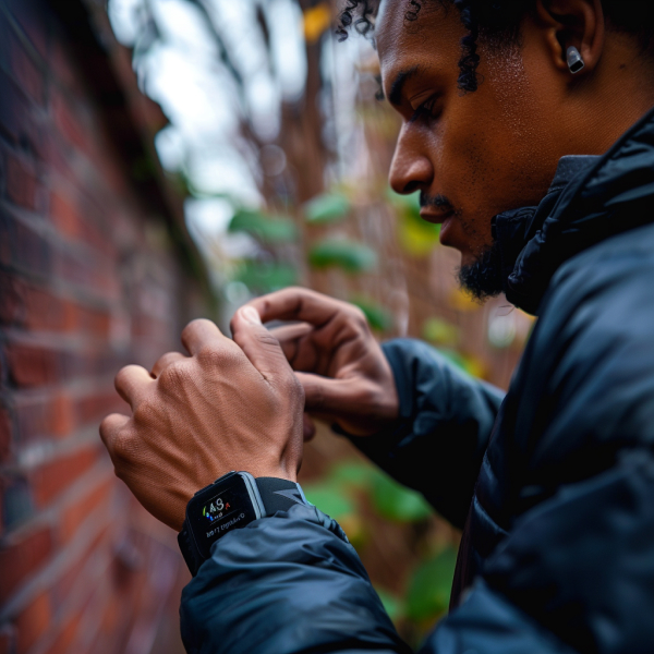 a man about to start jogging, with has smartwatch and headphones