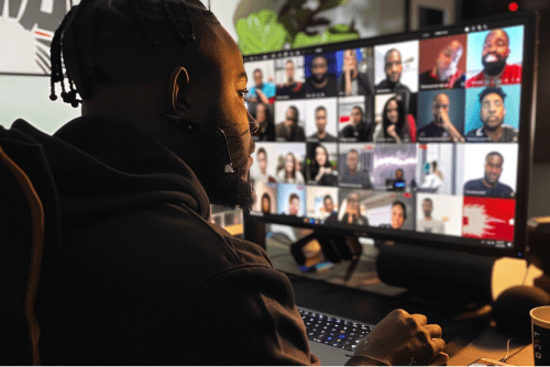 Team members engaging in a video conference call.